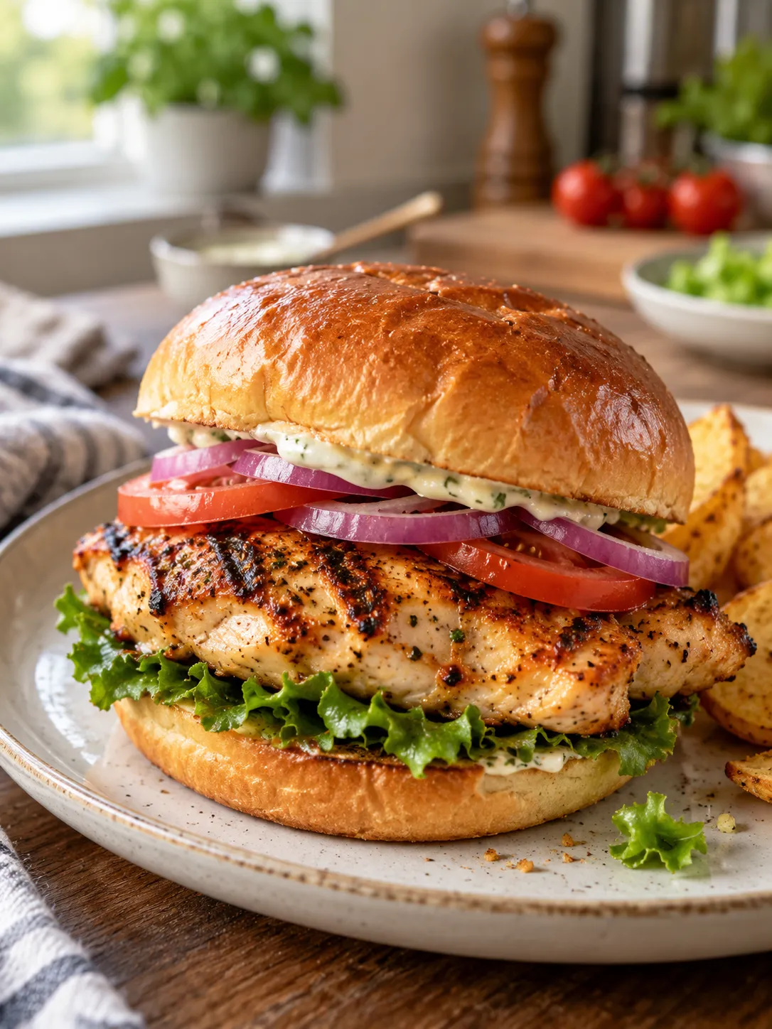 A grilled chicken sandwich served on a plate, ready to be enjoyed