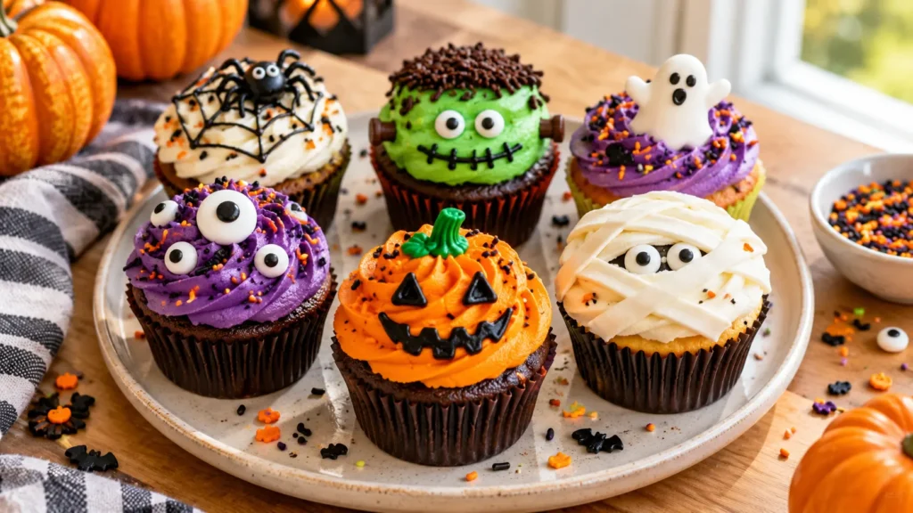 A batch of freshly baked Halloween cupcakes, decorated with gel food coloring, sprinkles, and candy eyeballs