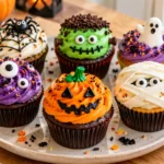 A batch of freshly baked Halloween cupcakes, decorated with gel food coloring, sprinkles, and candy eyeballs