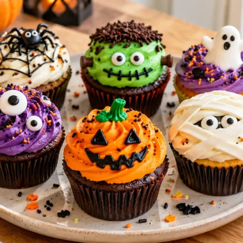 A batch of freshly baked Halloween cupcakes, decorated with gel food coloring, sprinkles, and candy eyeballs