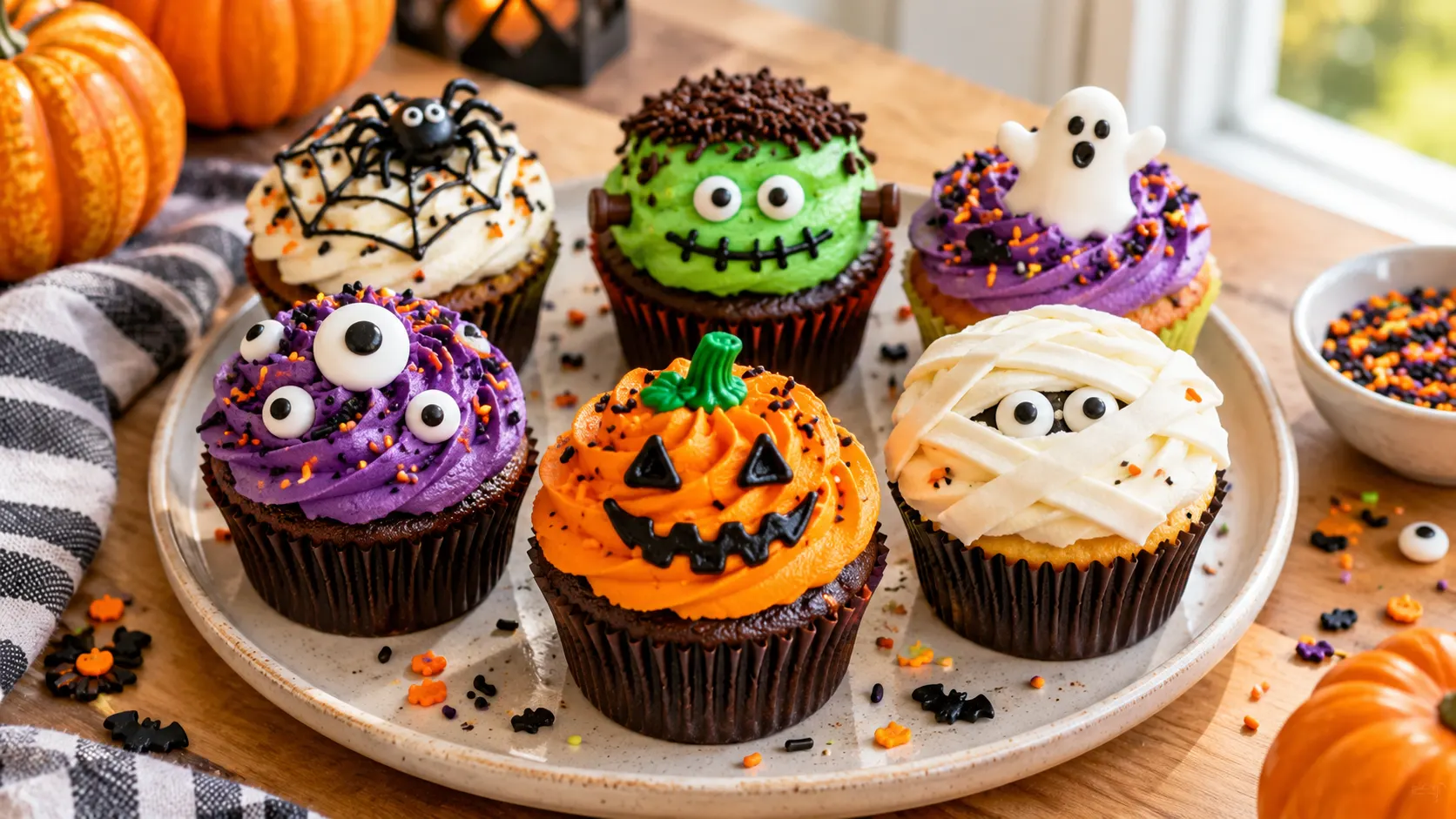 A batch of freshly baked Halloween cupcakes, decorated with gel food coloring, sprinkles, and candy eyeballs