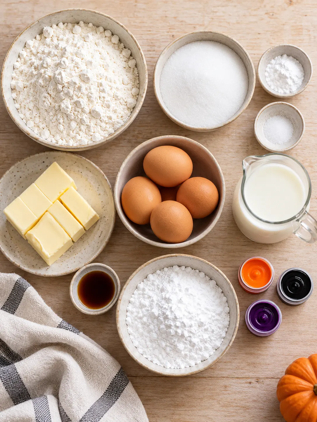 A flat-lay arrangement of ingredients for the Halloween cupcakes recipe, including flour, sugar, baking powder, and more