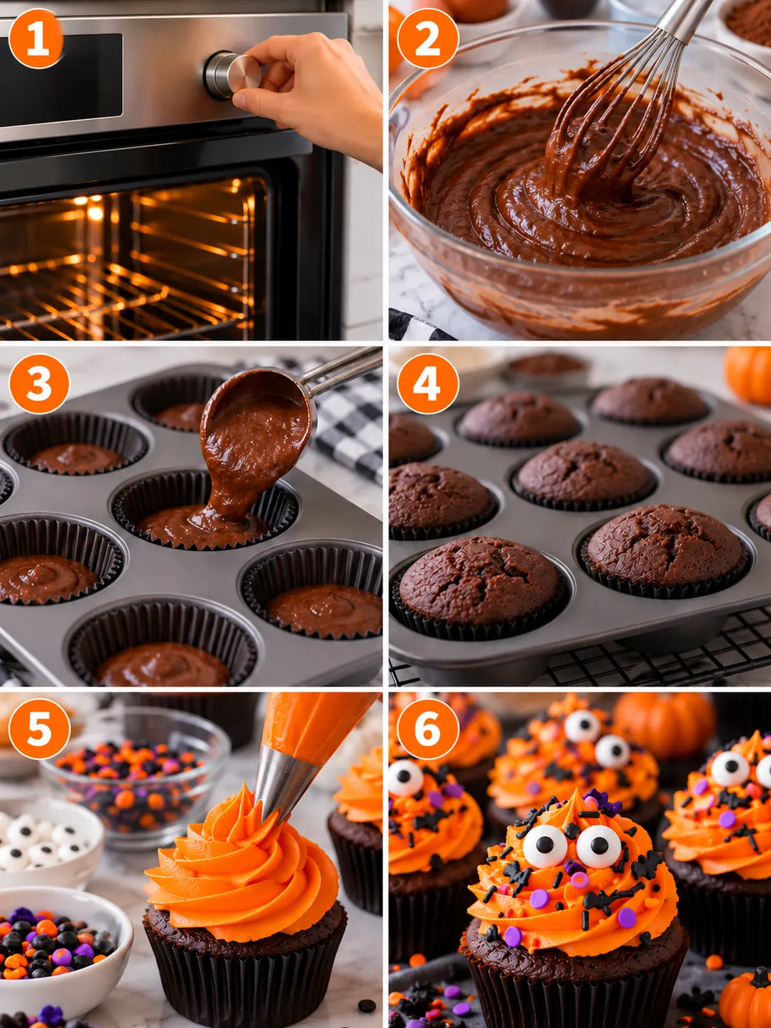 A step-by-step guide to making Halloween cupcakes, including mixing the batter, baking, and decorating