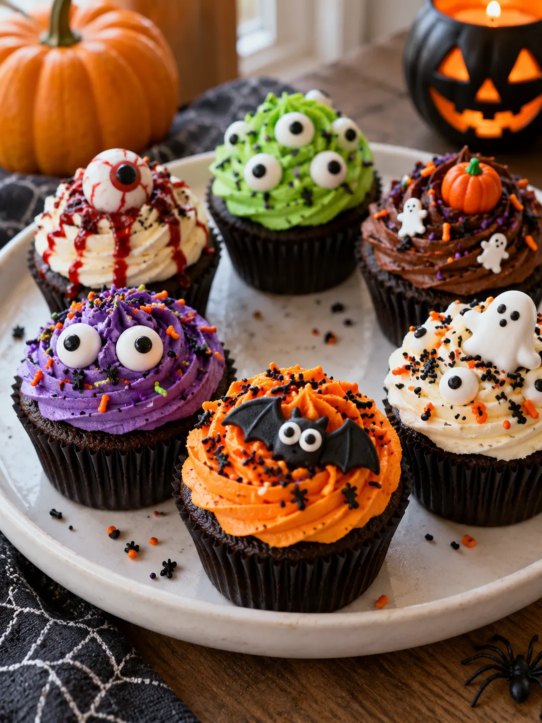 A storage container filled with freshly baked Halloween cupcakes, decorated with gel food coloring, sprinkles, and candy eyeballs