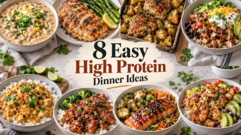 A collage of easy high protein dinner ideas including chicken, salmon, shrimp,