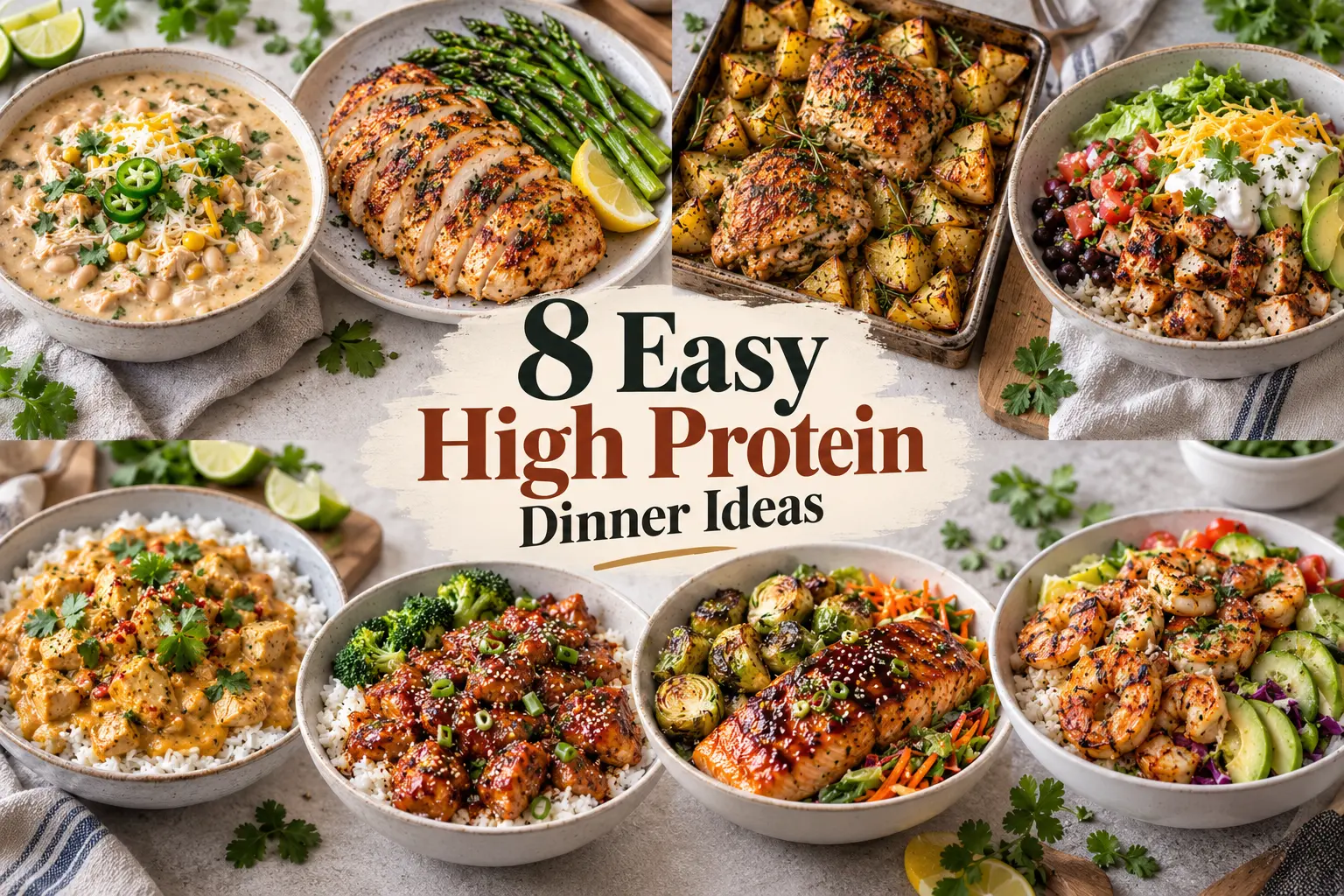 A collage of easy high protein dinner ideas including chicken, salmon, shrimp,