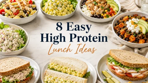 A collage of easy high protein lunch ideas including salads, chicken bowls, beef bowls, and sandwiches