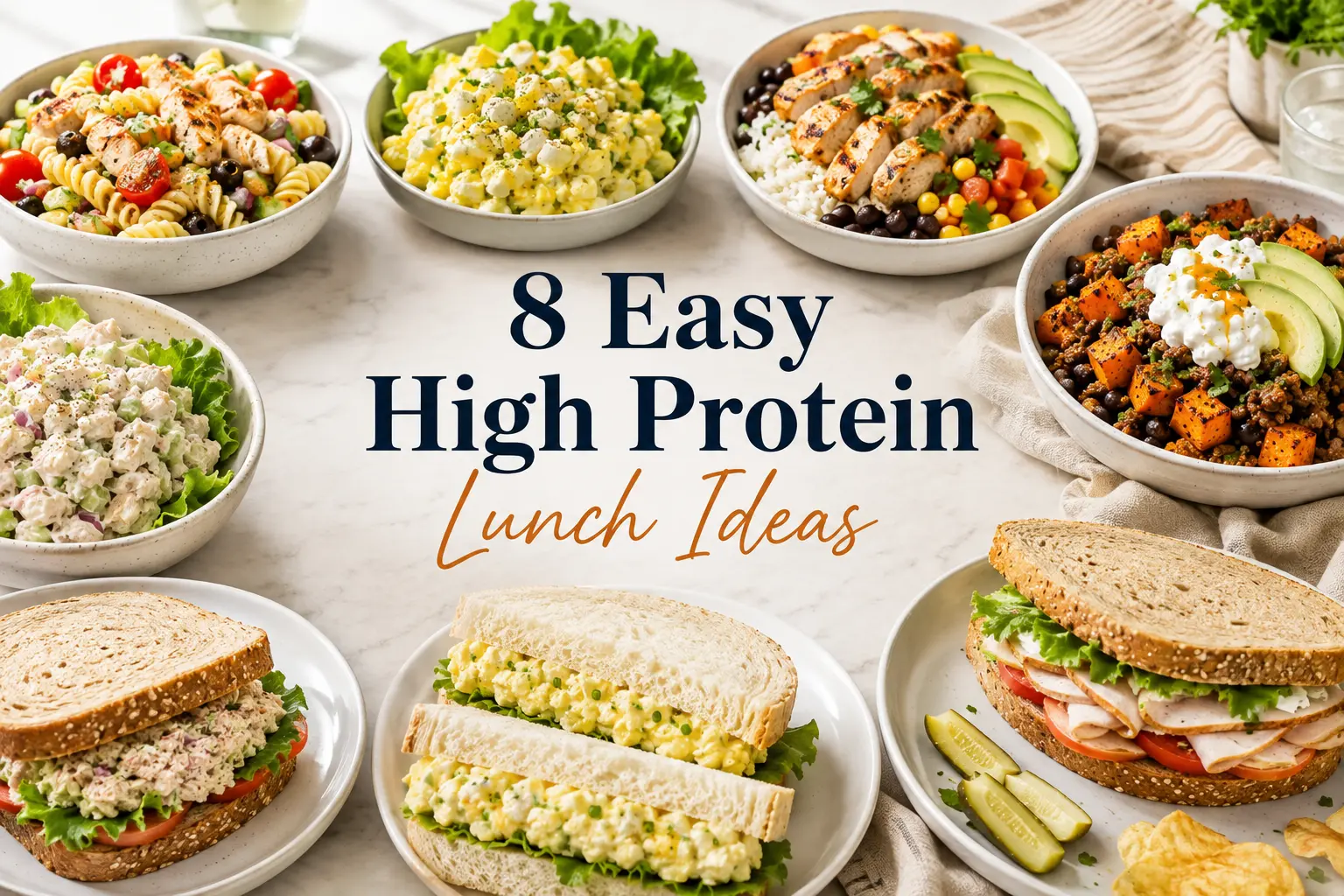 A collage of easy high protein lunch ideas including salads, chicken bowls, beef bowls, and sandwiches