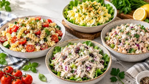 High protein salad recipes including pasta salad, egg salad, chicken salad, and tuna salad