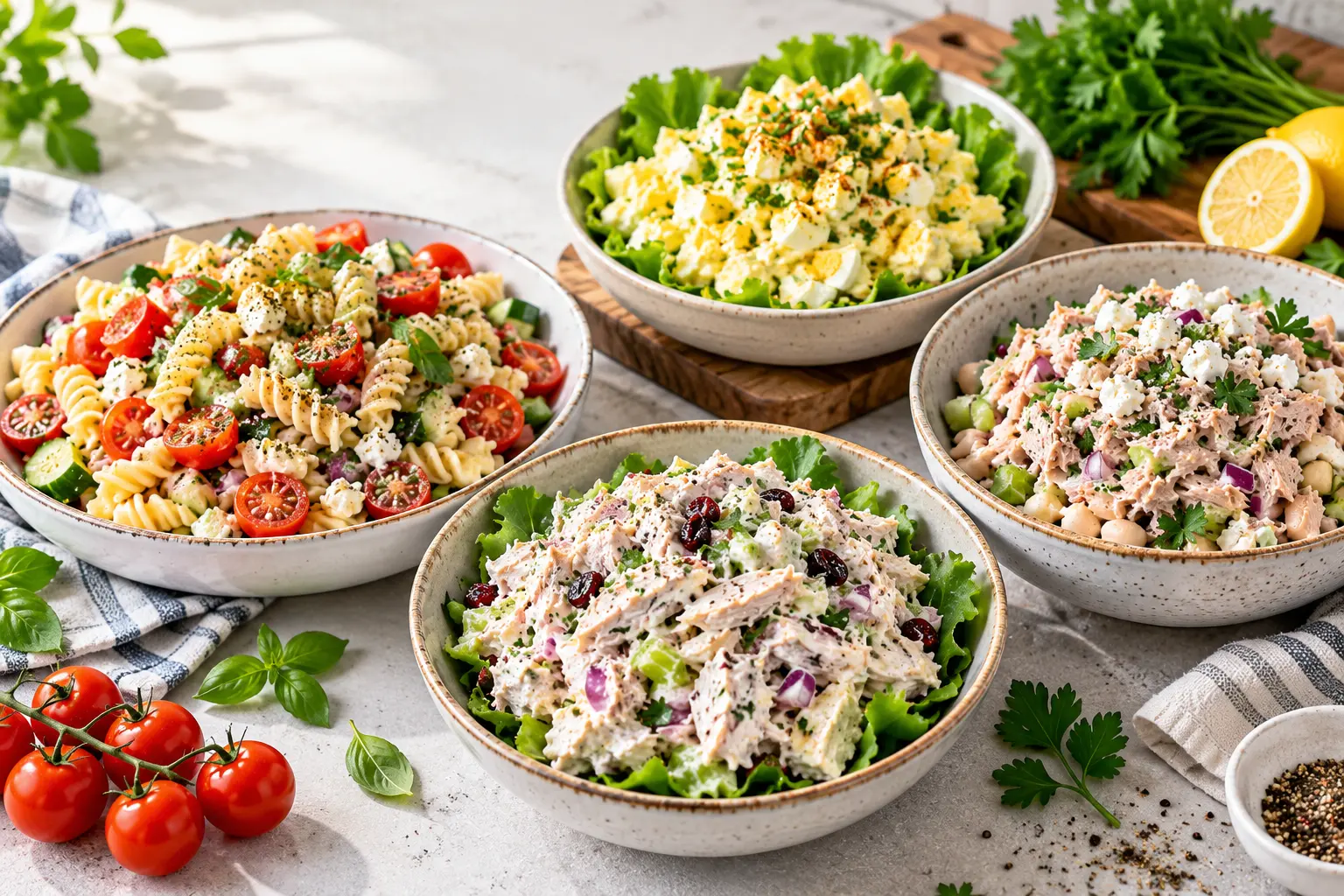 High protein salad recipes including pasta salad, egg salad, chicken salad, and tuna salad