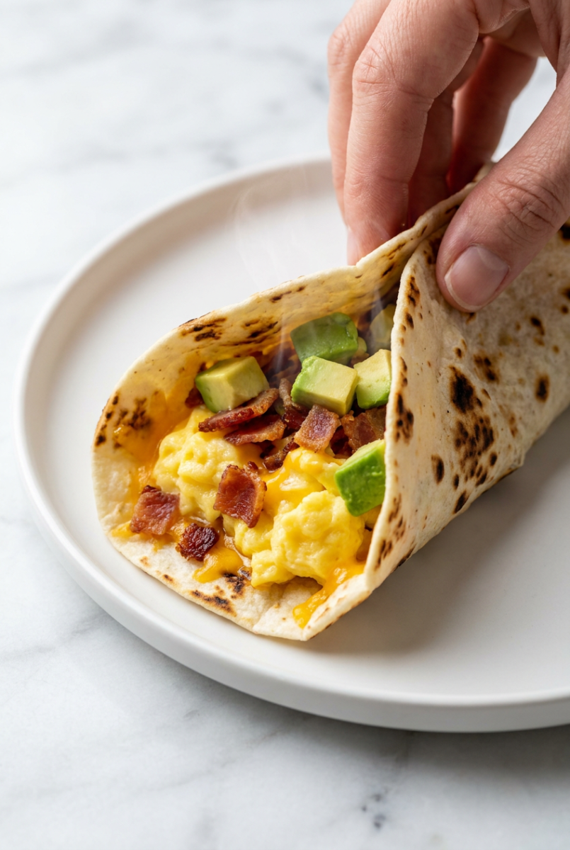Macro view of breakfast tacos showing the soft, pillowy curd structure of scrambled eggs and melted cotija cheese.