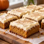 A beautifully styled, plated serving of homemade Pumpkin Bars Recipe | Easy Fall Dessert ready to enjoy