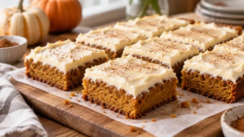 A beautifully styled, plated serving of homemade Pumpkin Bars Recipe | Easy Fall Dessert ready to enjoy