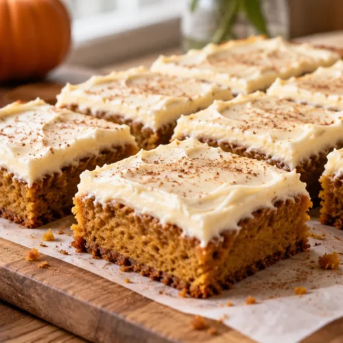 A beautifully styled, plated serving of homemade Pumpkin Bars Recipe | Easy Fall Dessert ready to enjoy