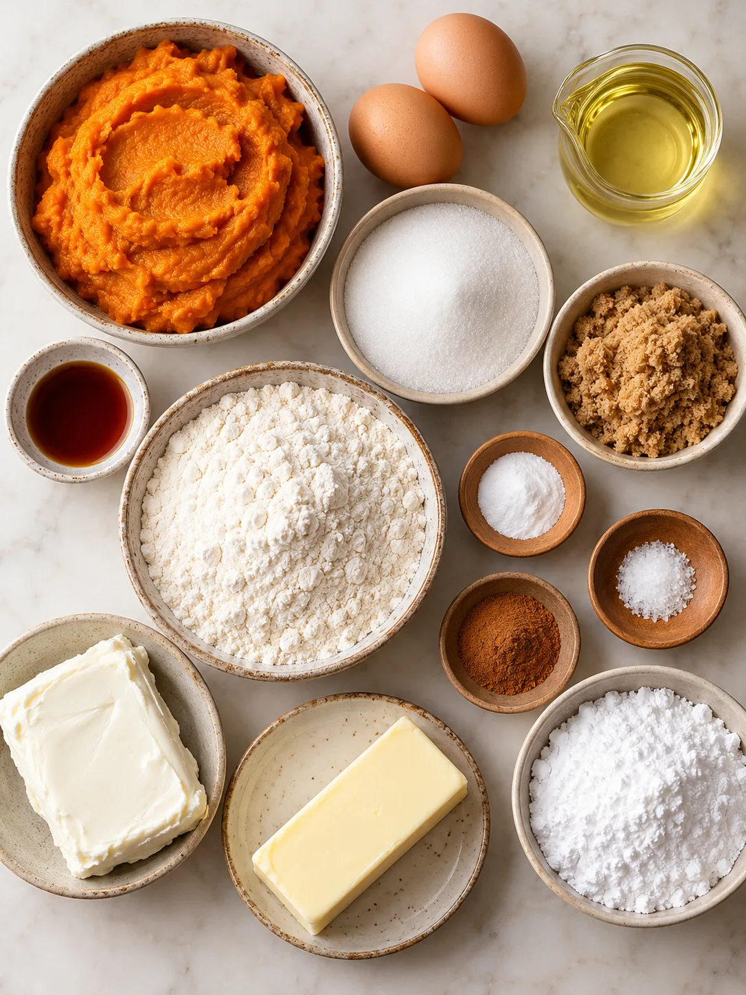 Flat-lay arrangement of fresh raw ingredients for preparing Pumpkin Bars Recipe | Easy Fall Dessert