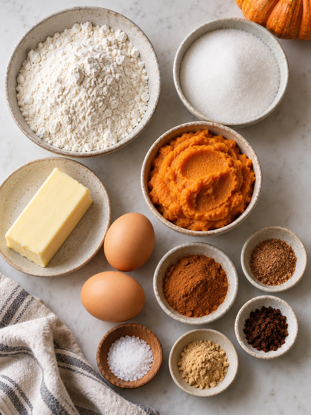 A flat-lay arrangement of ingredients for pumpkin bread, including flour, sugar, butter, eggs, pumpkin puree, and spices