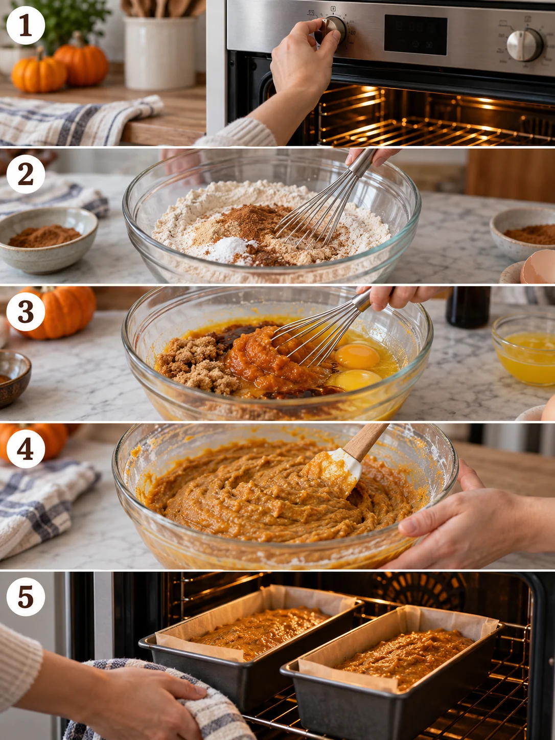 A step-by-step cooking instructions collage for pumpkin bread, showing preheating the oven, mixing ingredients, and baking the loaves