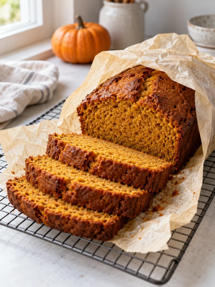 A cooled and sliced pumpkin bread loaf, stored in a glass loaf keeper on a wire rack
