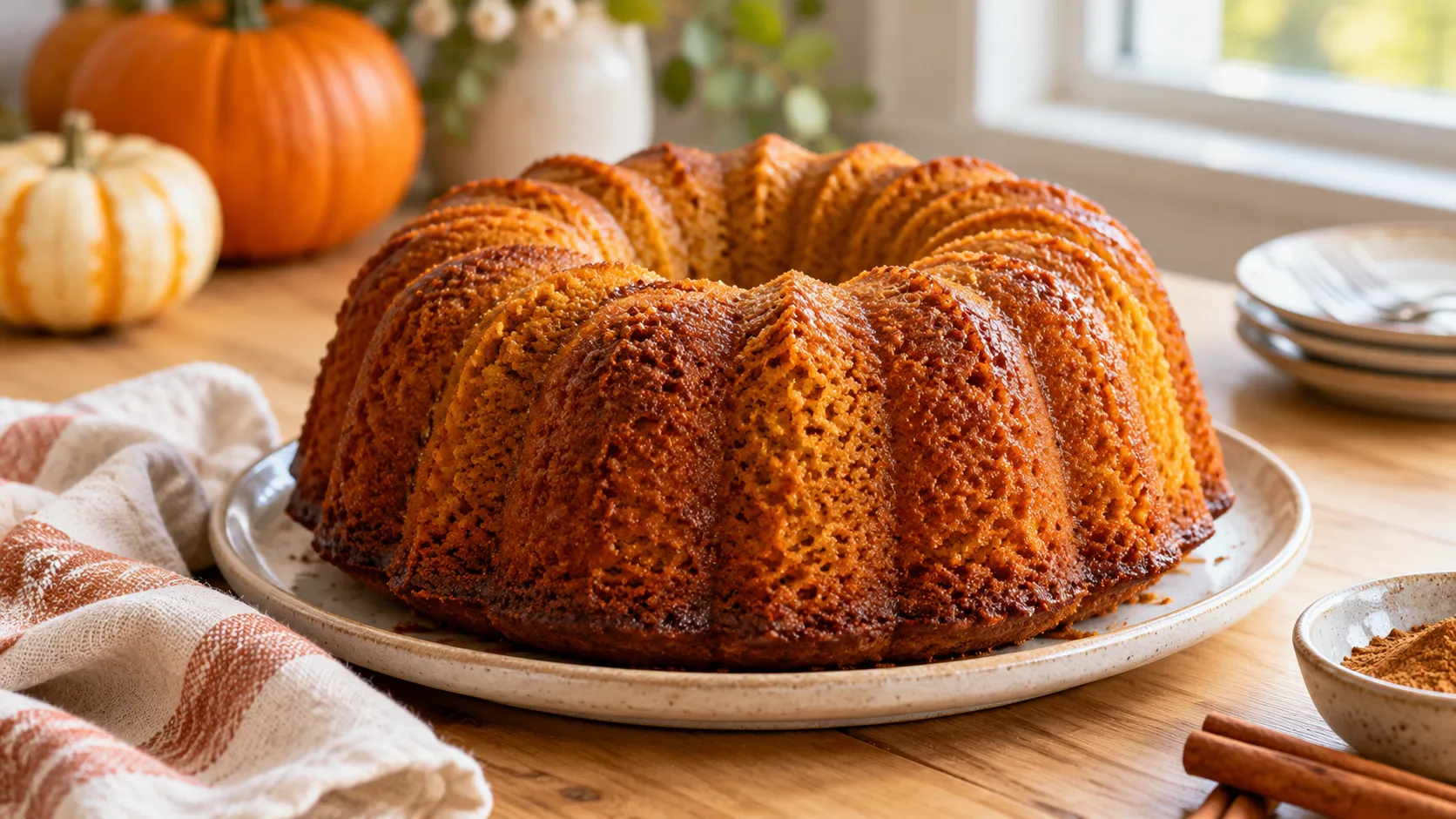 A beautifully styled, plated serving of homemade Pumpkin Bundt Cake | Easy Fall Cake Recipe ready to enjoy