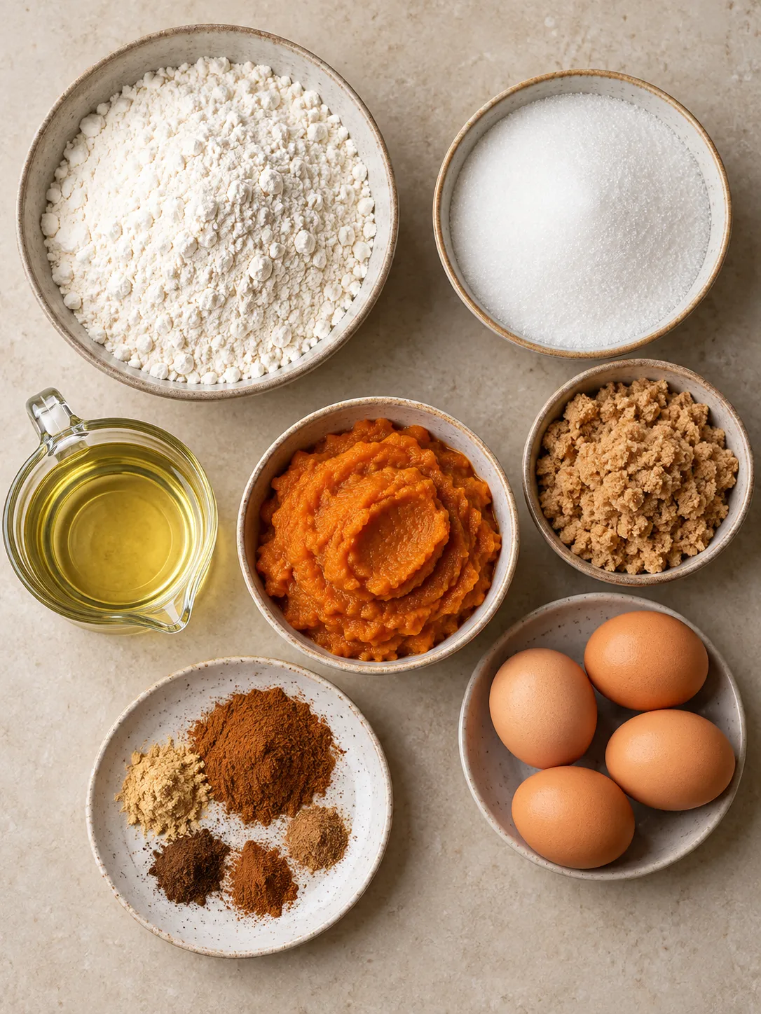 Flat-lay arrangement of fresh raw ingredients for preparing Pumpkin Bundt Cake | Easy Fall Cake Recipe