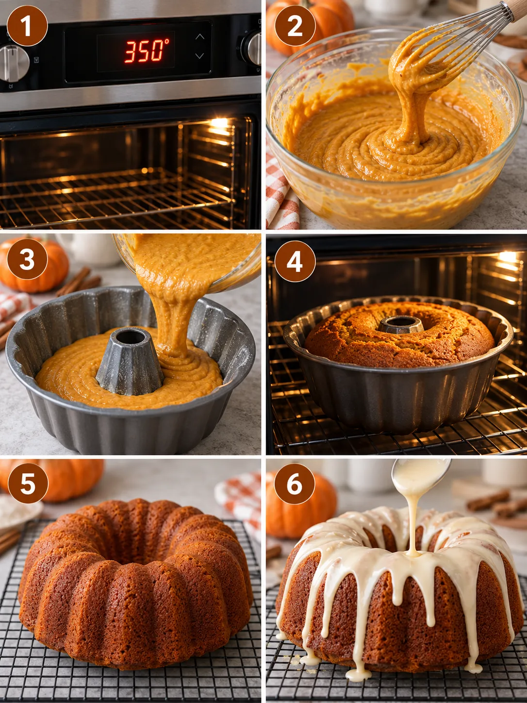 Step-by-step visual cooking guide showing key preparation stages for Pumpkin Bundt Cake | Easy Fall Cake Recipe