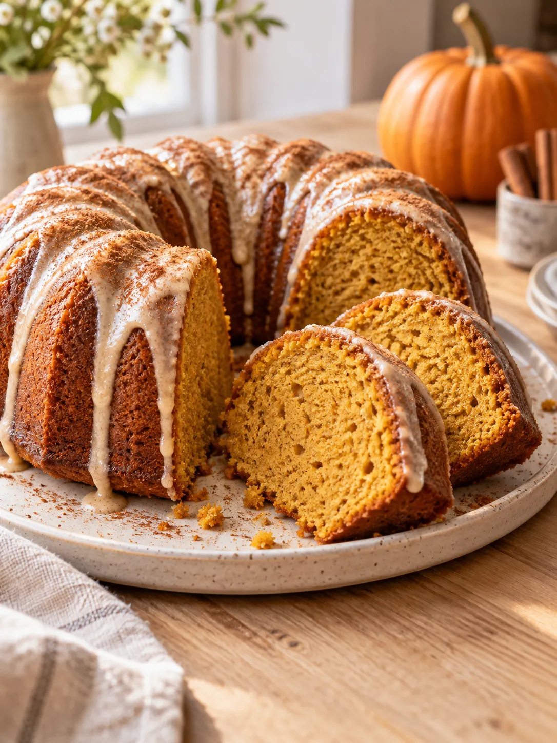Stored leftovers of Pumpkin Bundt Cake | Easy Fall Cake Recipe packed in an airtight glass container