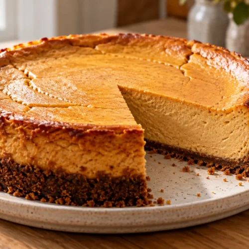 A beautifully styled, plated serving of homemade Pumpkin Cheesecake | Easy Fall Dessert Recipe ready to enjoy