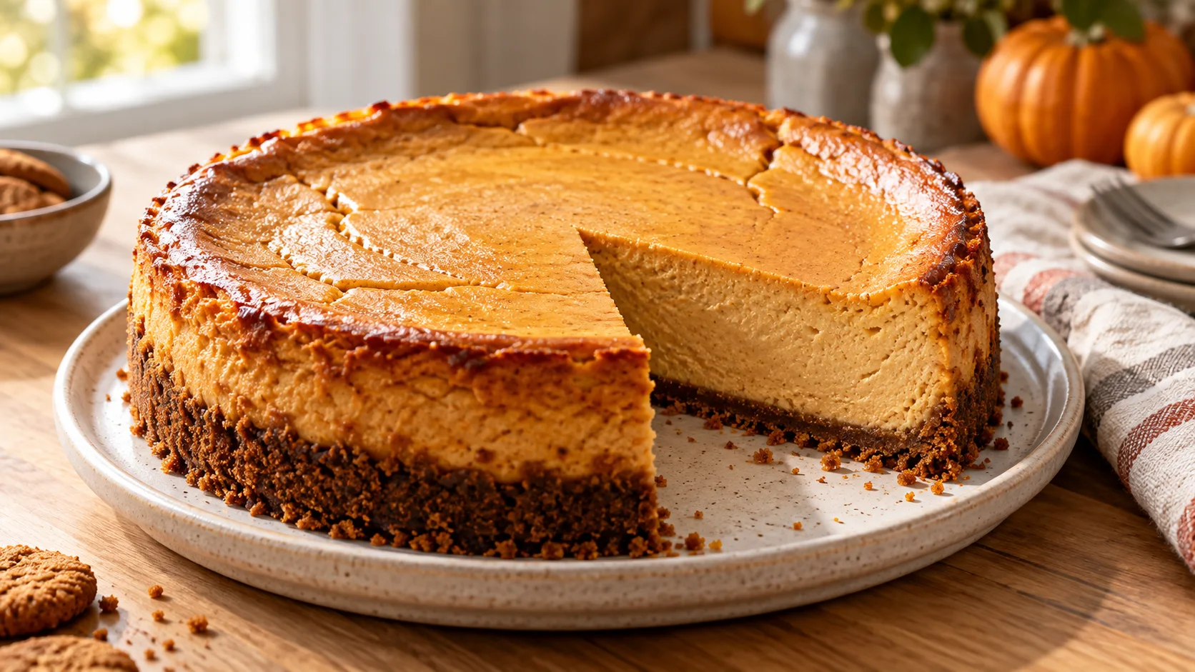 A beautifully styled, plated serving of homemade Pumpkin Cheesecake | Easy Fall Dessert Recipe ready to enjoy