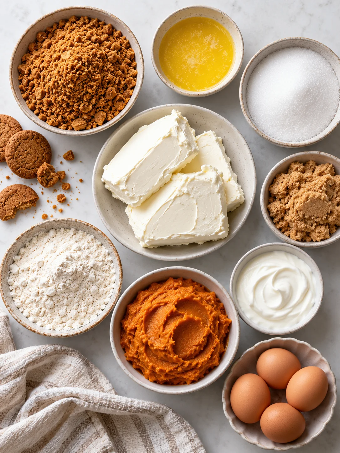 Flat-lay arrangement of fresh raw ingredients for preparing Pumpkin Cheesecake | Easy Fall Dessert Recipe
