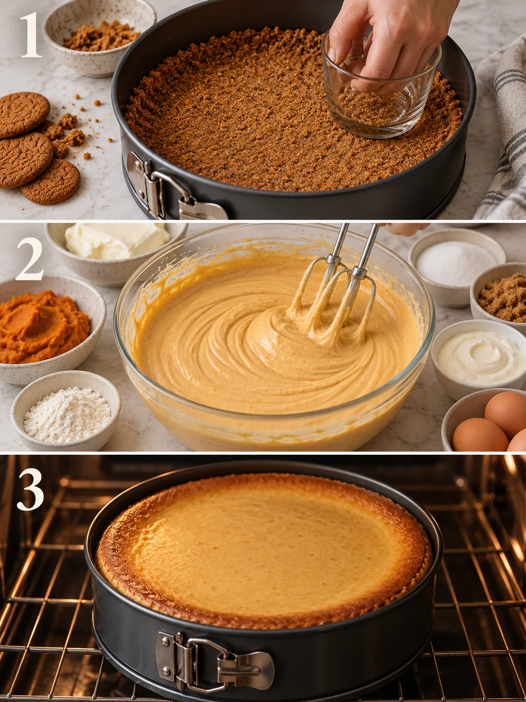 Step-by-step visual cooking guide showing key preparation stages for Pumpkin Cheesecake | Easy Fall Dessert Recipe