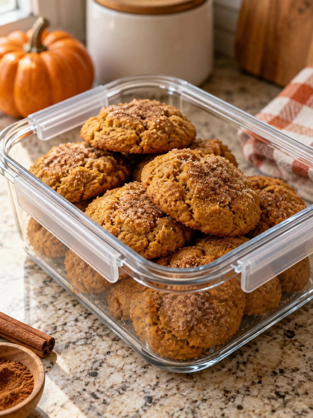 Stored leftovers of Pumpkin Cookies Recipe | Easy Fall Cookies packed in an airtight glass container