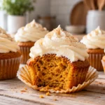A beautifully styled, plated serving of homemade Pumpkin Cupcakes Recipe | Easy Fall Dessert ready to enjoy