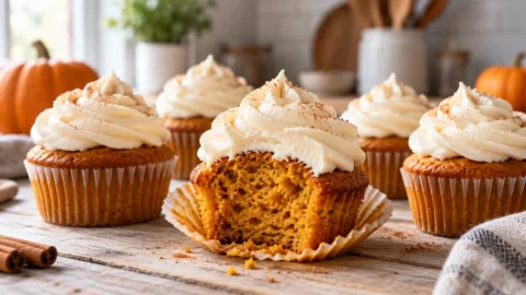A beautifully styled, plated serving of homemade Pumpkin Cupcakes Recipe | Easy Fall Dessert ready to enjoy