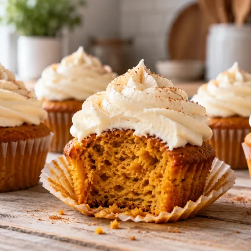 A beautifully styled, plated serving of homemade Pumpkin Cupcakes Recipe | Easy Fall Dessert ready to enjoy