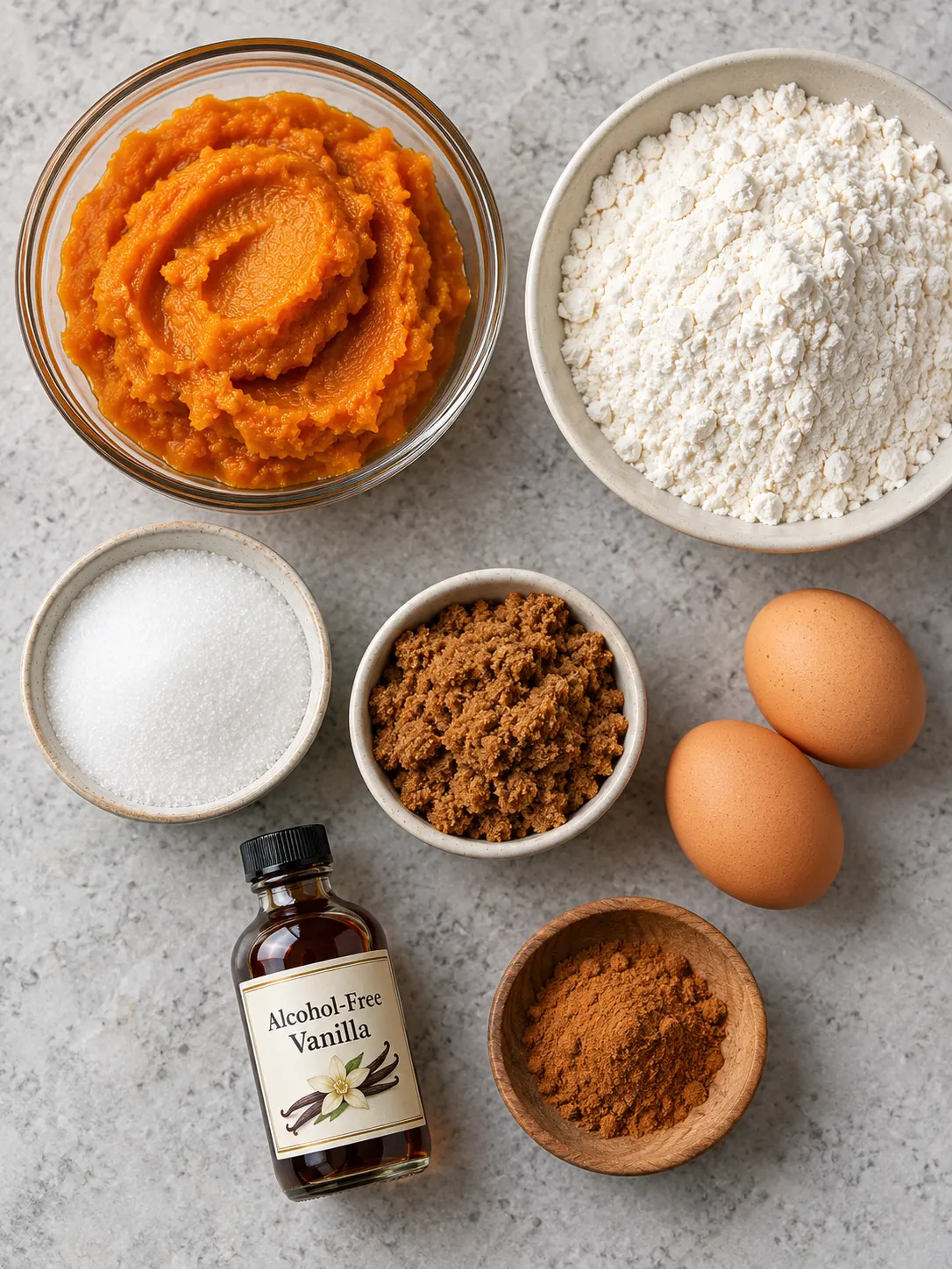 Flat-lay arrangement of fresh raw ingredients for preparing Pumpkin Cupcakes Recipe | Easy Fall Dessert