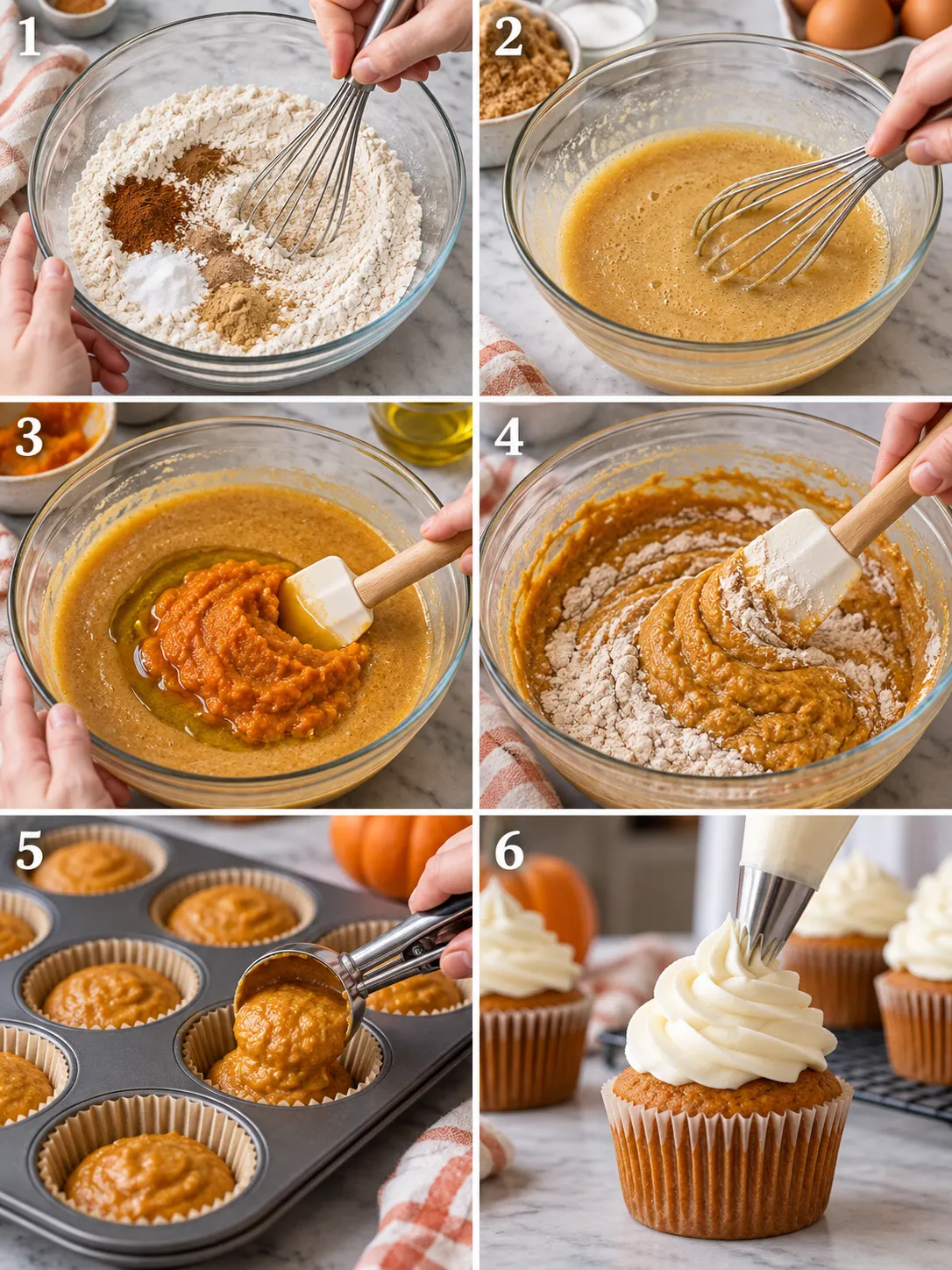 Step-by-step visual cooking guide showing key preparation stages for Pumpkin Cupcakes Recipe | Easy Fall Dessert