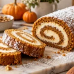 A beautifully styled, plated serving of homemade Pumpkin Roll Recipe | Easy Fall Dessert ready to enjoy