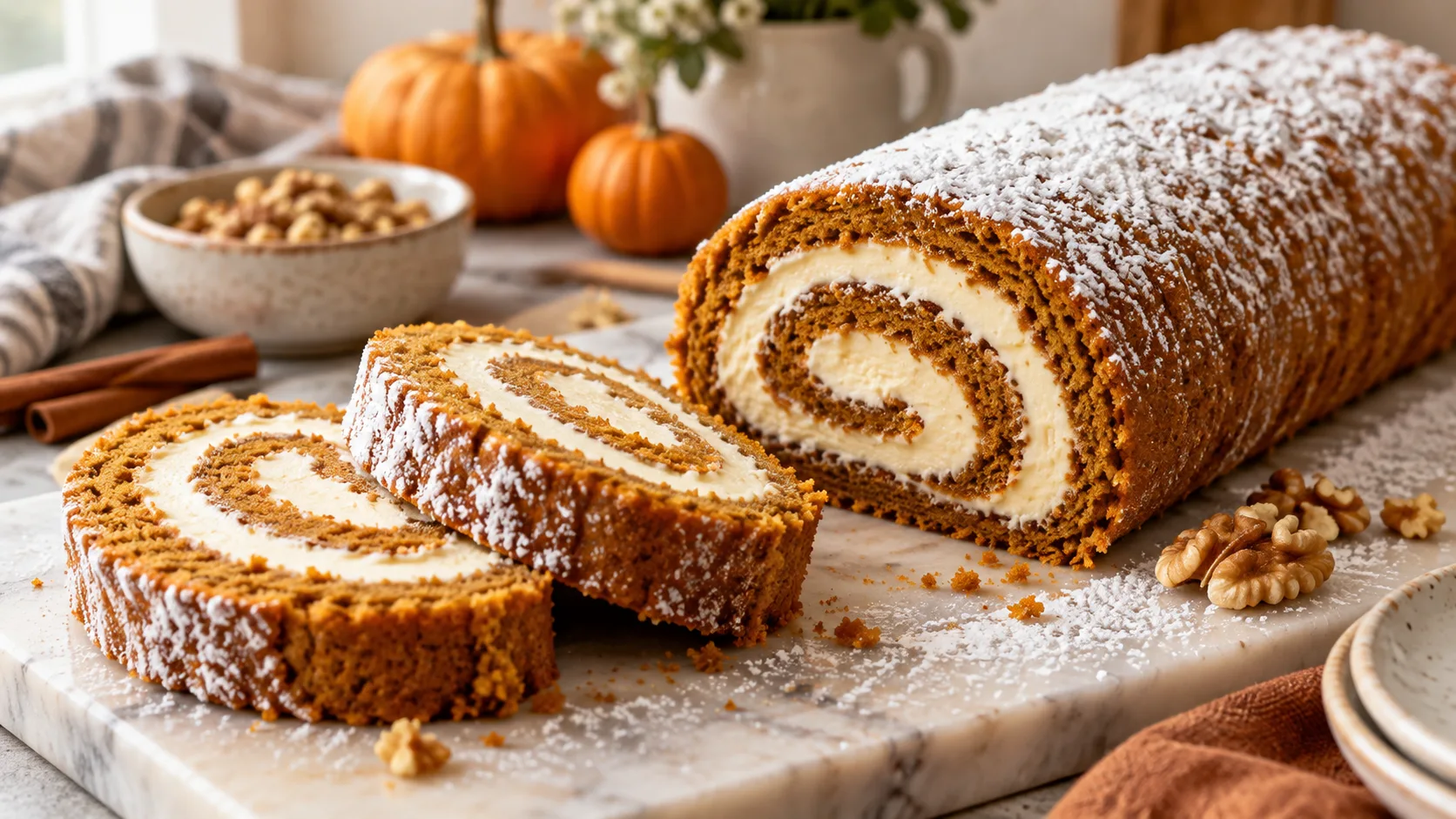 A beautifully styled, plated serving of homemade Pumpkin Roll Recipe | Easy Fall Dessert ready to enjoy