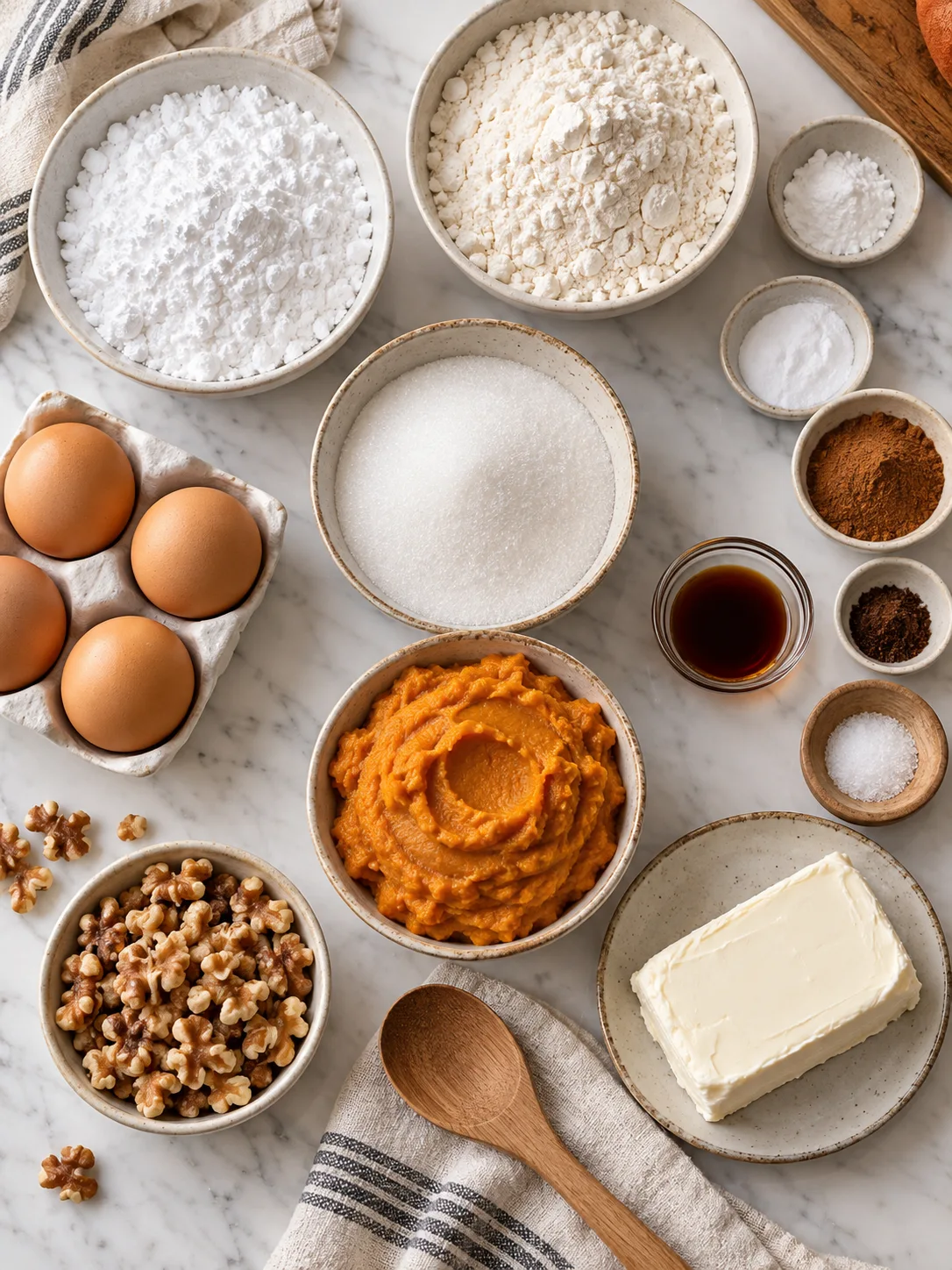 Flat-lay arrangement of fresh raw ingredients for preparing Pumpkin Roll Recipe | Easy Fall Dessert