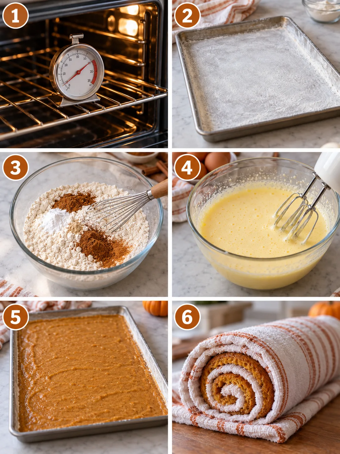 Step-by-step visual cooking guide showing key preparation stages for Pumpkin Roll Recipe | Easy Fall Dessert