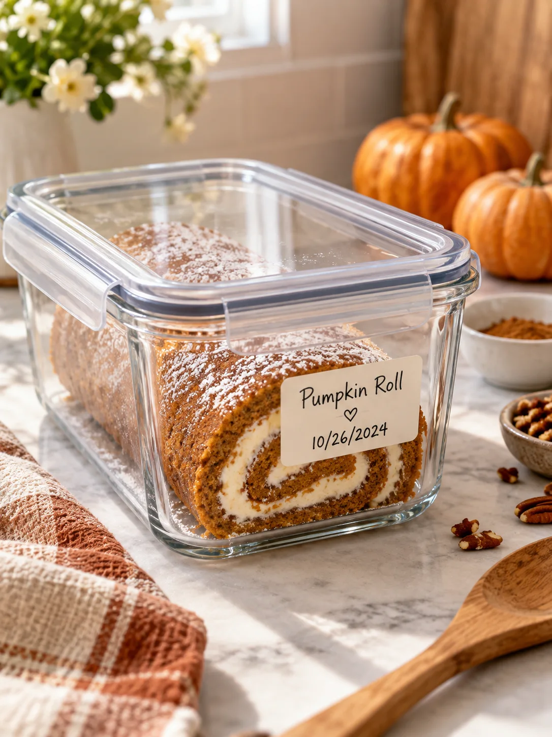 Stored leftovers of Pumpkin Roll Recipe | Easy Fall Dessert packed in an airtight glass container
