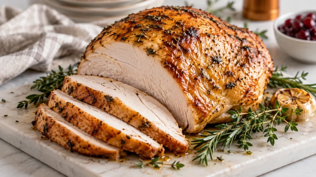 Thanksgiving Food A sliced roasted turkey breast on a plate, garnished with fresh herbs
