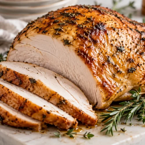 Thanksgiving Food A sliced roasted turkey breast on a plate, garnished with fresh herbs