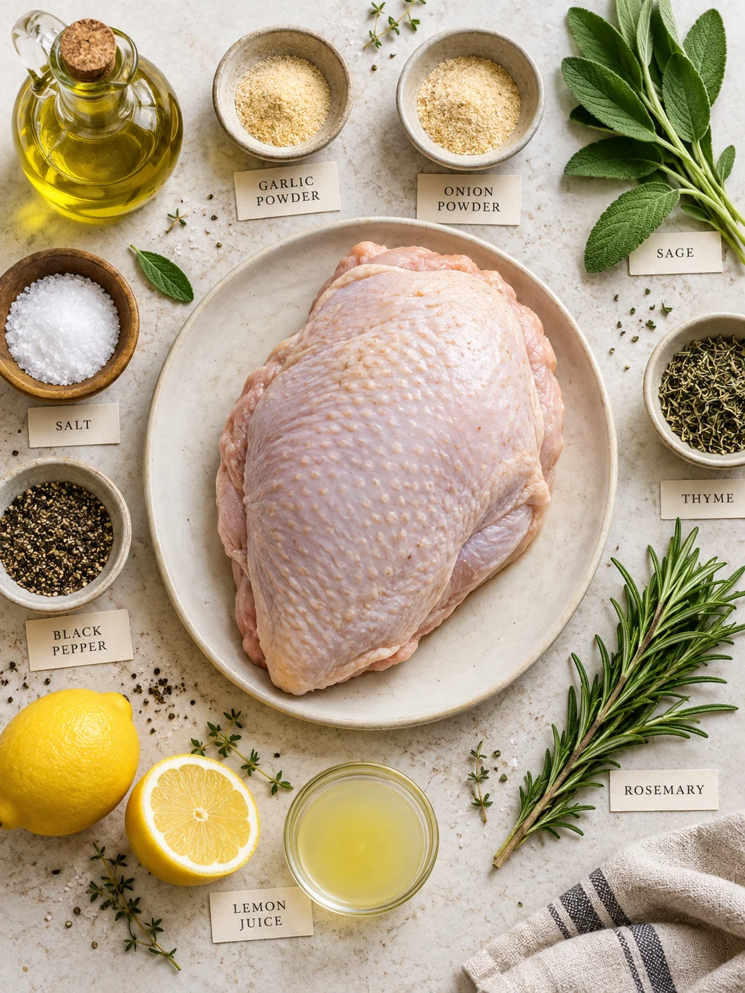 A flat-lay arrangement of ingredients for the roasted turkey breast recipe