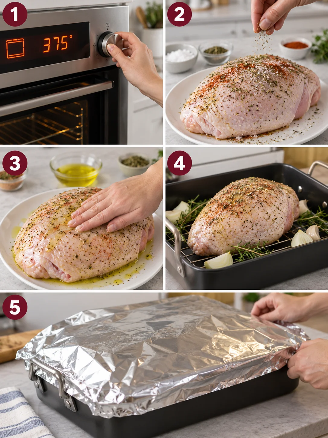 A step-by-step cooking instructions collage for the roasted turkey breast recipe