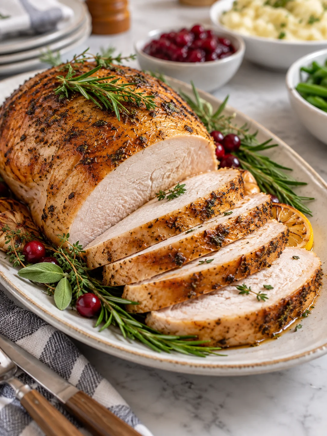 A sliced roasted turkey breast on a plate, garnished with fresh herbs and a sprinkle of salt and pepper
