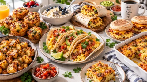 Easy savory breakfast ideas with tacos, potatoes, muffins, oatmeal and breakfast burritos