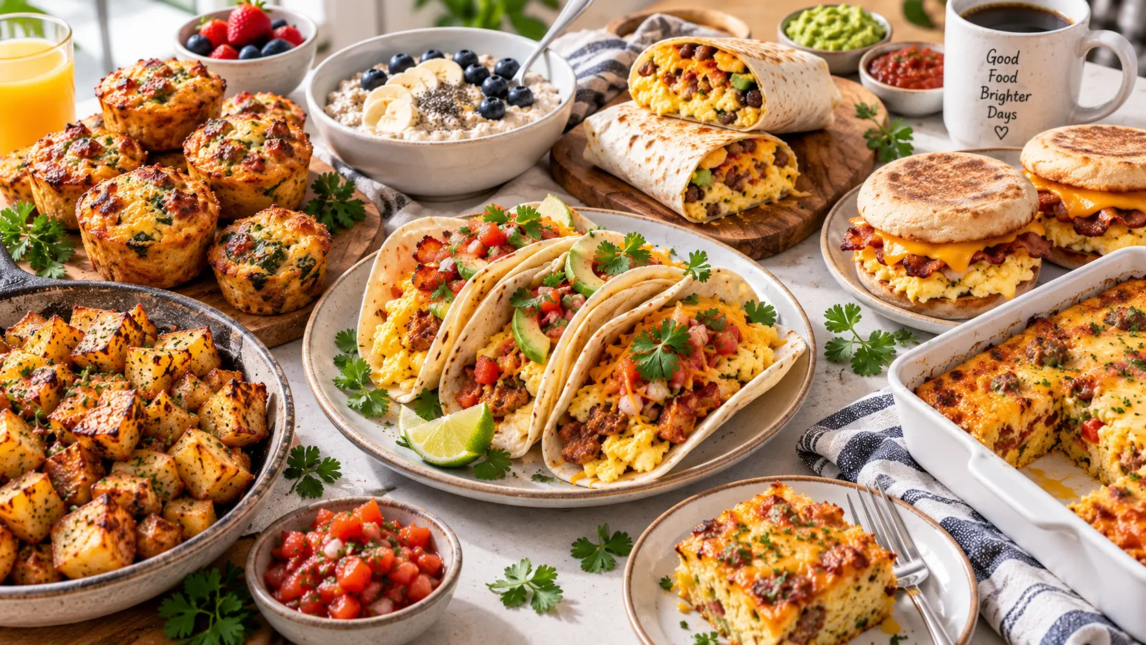 Easy savory breakfast ideas with tacos, potatoes, muffins, oatmeal and breakfast burritos