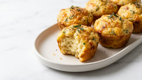 Savory breakfast muffins with browned butter and sage in a minimalist ceramic vessel on a white marble surface.