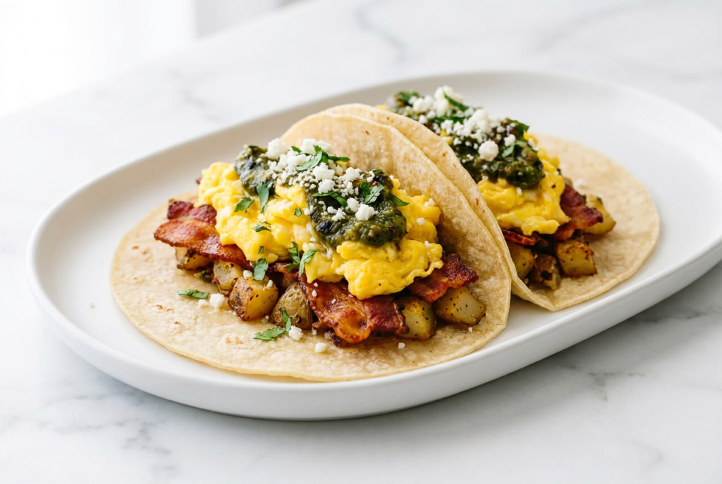 Warm breakfast tacos on a ceramic plate atop white marble, filled with bacon-fat scrambled eggs, cotija, and poblano salsa.